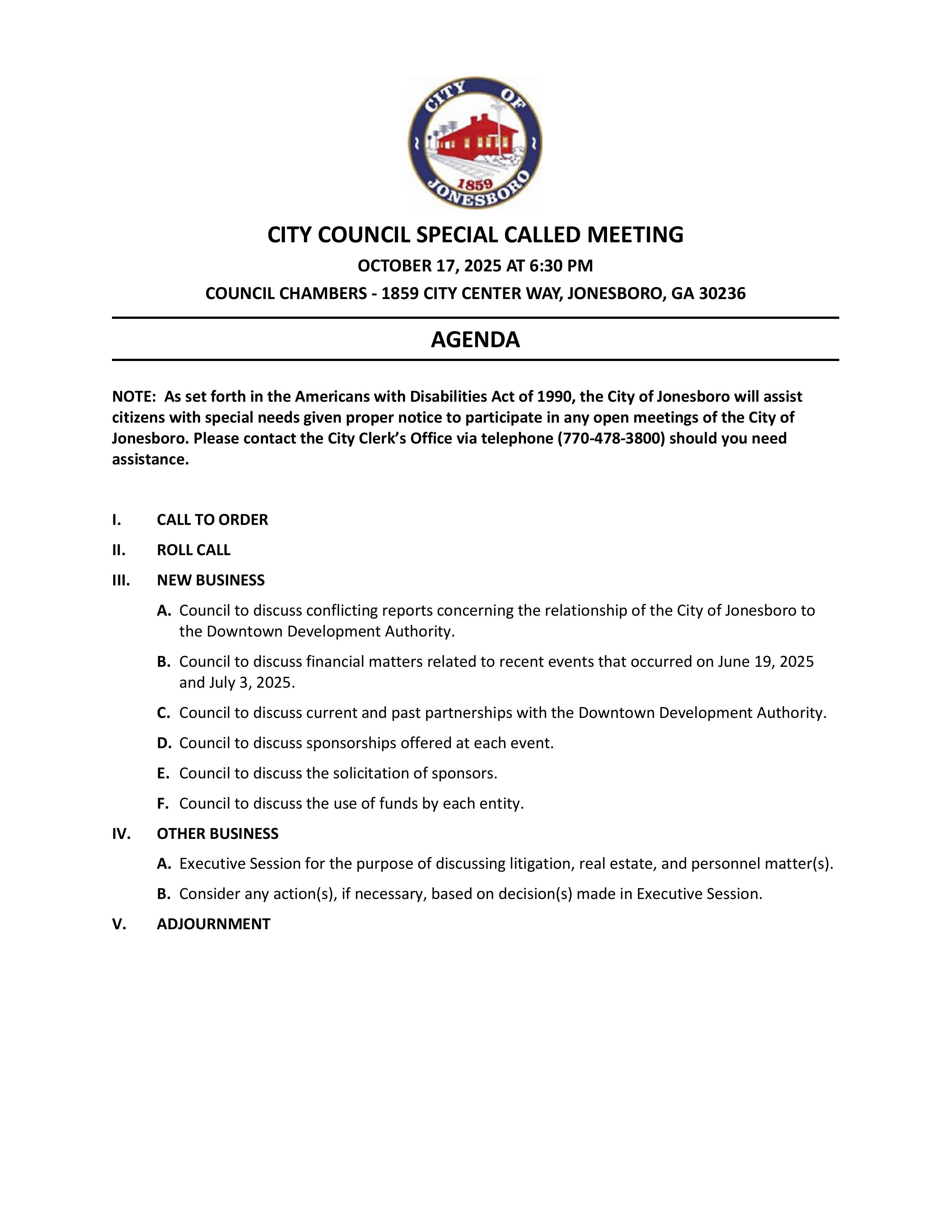 SPECIAL CALLED MEETING 10-16-25 AGENDA